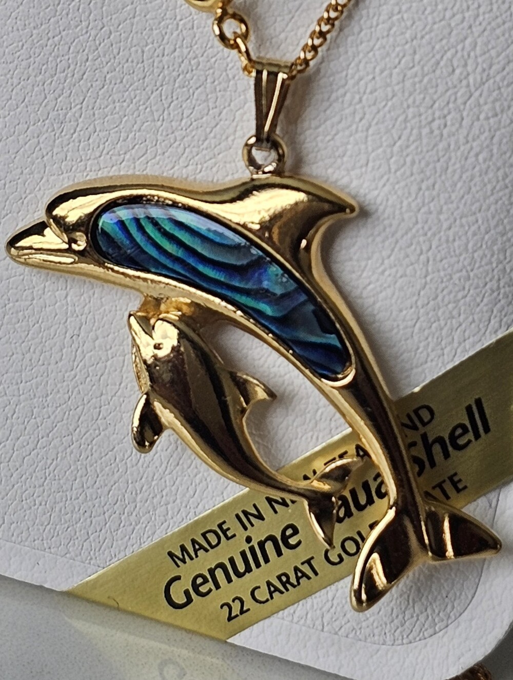 Dolphin with Baby Gold-Tone Pendant with Blue Inlay
